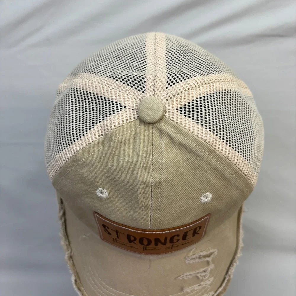 Stronger Than the Storm Christian Cross Patch Distressed Trucker Hat Snapback